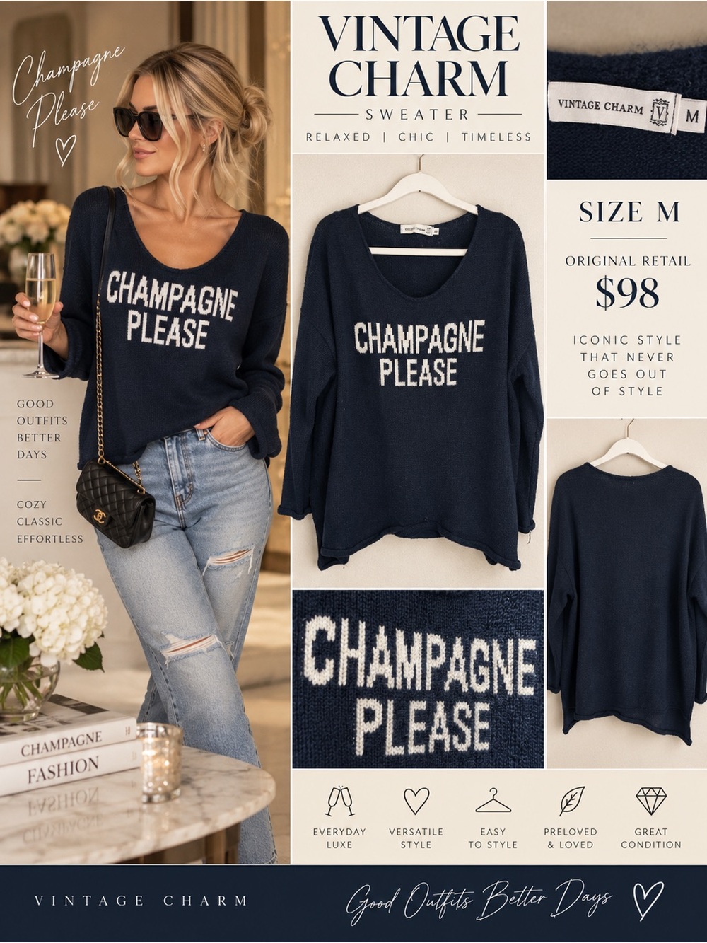 Vintage Charm Navy Sweater with White 'Champagne Please' Text